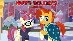 Size: 2063x1160 | Tagged: safe, anonymous artist, artist:chainchomp2 edits, artist:jhayarr23, edit, moondancer, sunburst, pony, unicorn, g4, 2021, christmas, christmas eve, cloak, clothes, december, duo, female, friendship, glasses, happy holidays, hearth's warming, hearth's warming eve, holiday, librarian, male, new year, new years eve, one eye closed, school of friendship, shipping, smiling, snow, snowfall, stallion, straight, sunburst's cloak, sunburst's glasses, sundancer, vector, vice principal sunburst, wink, winter, youtube link in the description