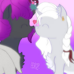 Size: 3000x3000 | Tagged: safe, artist:umbrapone, oc, oc only, oc:blitzythediscobuggo, oc:whitewhisper, changeling, pony, unicorn, afro, braided ponytail, changeling oc, chest fluff, clothes, colored, commission, duo, ear fluff, fangs, flat colors, gradient background, heart, high res, horn, jacket, purple changeling, purple mane, ribbon, unicorn oc, white mane, ych result