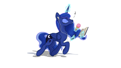 Size: 3840x2160 | Tagged: dead source, safe, artist:scifidino66, princess luna, alicorn, pony, g4, book, cute, earbuds, eyes closed, eyeshadow, female, food, happy, high res, ice cream, ice cream cone, ipad, lunabetes, magic, magic aura, makeup, simple background, singing, trotting