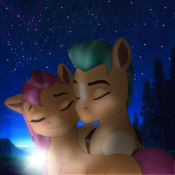 Size: 1378x1378 | Tagged: safe, artist:rosekimart, hitch trailblazer, sunny starscout, earth pony, pony, g5, my little pony: a new generation, cheek kiss, duo, eyes closed, female, kissing, male, mare, shipping, stallion, straight, sunnyhitch