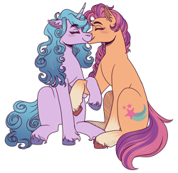 Size: 3400x3300 | Tagged: safe, artist:monnarcha, izzy moonbow, sunny starscout, earth pony, pony, unicorn, g5, my little pony: a new generation, blushing, commission, cute, duo, eyes closed, female, high res, kissing, lesbian, mare, markings, raised hoof, ship:moonscout, shipping, simple background, transparent background, unshorn fetlocks