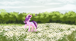 Size: 3840x2060 | Tagged: safe, artist:elektra-gertly, starlight glimmer, butterfly, pony, unicorn, g4, cloud, female, flower, high res, raised hoof, sky, solo