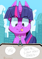 Size: 917x1259 | Tagged: safe, artist:oddjuice, twilight sparkle, oc, pony, unicorn, anthro, g4, :p, anthro oc, building, city, cityscape, context is for the weak, dialogue, female, giant pony, giant twilight sparkle, giantess, looking down, macro, micro, sizeplay, sky, speech bubble, tongue out, unicorn twilight