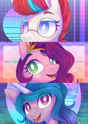 Size: 2480x3508 | Tagged: safe, artist:wavecipher, izzy moonbow, pipp petals, zipp storm, pegasus, pony, unicorn, g5, my little pony: a new generation, adorapipp, adorazipp, aesthetics, cute, female, glasses, high res, mare, open mouth, open smile, round glasses, royal sisters (g5), siblings, sisters, smiling, triptych, white pupils