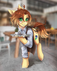 Size: 1600x2000 | Tagged: safe, artist:serodart, oc, earth pony, pony, cafe, cafeteria, gift art, solo, tray, waiter