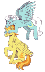 Size: 2800x4500 | Tagged: safe, artist:monnarcha, fleetfoot, spitfire, pegasus, pony, g4, blushing, commission, covering eyes, duo, female, fleetfire, flying, grin, guess who, high res, lesbian, mare, one eye closed, raised hoof, shipping, simple background, smiling, transparent background, wink