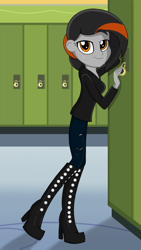 Size: 1080x1920 | Tagged: safe, artist:toyminator900, oc, oc:dusk strike, equestria girls, g4, bedroom eyes, boots, clothes, female, hallway, high heel boots, high heels, jacket, lockers, looking at you, shoes, solo