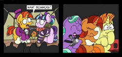 Size: 1024x484 | Tagged: safe, artist:bobthedalek, firelight, starlight glimmer, stellar flare, sunburst, sunspot (g4), pony, unicorn, a hearth's warming tail, g4, 2 panel comic, a christmas carol, blaze (coat marking), clothes, coat markings, colt, colt sunburst, comic, facehoof, facial markings, female, filly, filly starlight glimmer, hearth's warming, male, play, socks (coat markings), spoonerism, stallion, stellar flare is not amused, unamused, varying degrees of amusement, video camera, younger