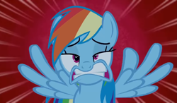 Size: 1845x1080 | Tagged: safe, screencap, rainbow dash, pegasus, pony, 28 pranks later, g4, season 6, faic, female, flying, grimace, lidded eyes, mare, rainbow dash is best facemaker, red background, simple background, solo