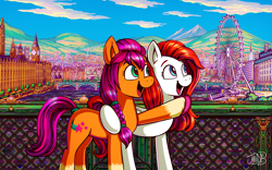 Size: 3508x2191 | Tagged: safe, artist:jowyb, sunny starscout, oc, oc:gallop crush, earth pony, pegasus, pony, g5, my little pony: a new generation, duo, duo female, female, ferris wheel, high res, london, mare, open mouth, open smile, pegasus oc, pointing, scenery, scenery porn, smiling