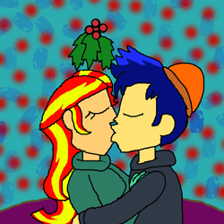 Size: 2000x2000 | Tagged: safe, artist:ktd1993, flash sentry, sunset shimmer, equestria girls, g4, duo, female, high res, holly, holly mistaken for mistletoe, kissing, male, ship:flashimmer, shipping, straight