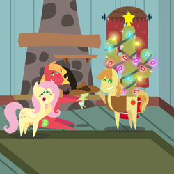 Size: 2160x2160 | Tagged: safe, anonymous artist, big macintosh, braeburn, fluttershy, oc, oc:late riser, earth pony, pegasus, pony, series:fm holidays, series:hearth's warming advent calendar 2021, g4, advent calendar, baby, baby pony, blush sticker, blushing, cactus, christmas, christmas lights, clothes, colt, cowboy hat, female, fireplace, hat, high res, holding a pony, holiday, lineless, male, mare, offspring, oversized clothes, oversized hat, parent:big macintosh, parent:fluttershy, parents:fluttermac, pointy ponies, ship:fluttermac, shipping, smiling, stallion, straight