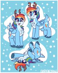 Size: 2869x3635 | Tagged: safe, artist:graphene, rainbow dash, deer, pegadeer, reindeer, g4, antlers, chest fluff, cute, dashabetes, ear fluff, female, high res, lying down, on back, open mouth, open smile, reindeer dash, reindeerified, smiling, solo, species swap, wavy mouth