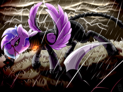 Size: 2000x1500 | Tagged: safe, artist:starcasteclipse, oc, oc only, pegasus, pony, fallout equestria, digital art, enclave, lightning, rain, solo