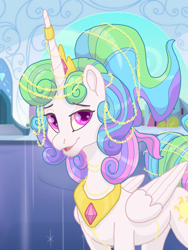 Size: 1080x1440 | Tagged: safe, artist:shaslan, princess celestia, alicorn, crystal pony, pony, g4, alternate hairstyle, alternate universe, crown, crystal empire, female, horn, horn ring, jewelry, looking at you, mare, regalia, ring, smiling, solo