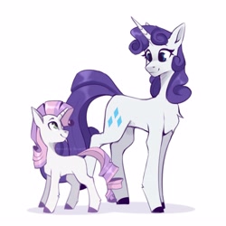 Size: 3543x3543 | Tagged: safe, artist:buvanybu, rarity, sweetie belle, pony, unicorn, g4, alternate hairstyle, colored hooves, cute, diasweetes, duo, duo female, female, filly, high res, looking at each other, looking at someone, mane swap, mare, siblings, simple background, sisters, smiling, smiling at each other, white background