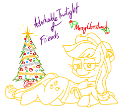 Size: 4187x3706 | Tagged: safe, artist:adorkabletwilightandfriends, applejack, earth pony, pony, g4, adorkable, adorkable friends, berry, christmas, christmas tree, clothes, cute, decoration, dork, hat, hearth's warming, hearth's warming tree, holiday, holly, looking at you, lying down, smiling, smiling at you, stars, sweater, tinsel, tree