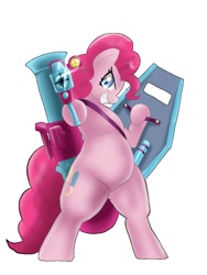 Size: 600x800 | Tagged: safe, artist:kushina13, pinkie pie, earth pony, semi-anthro, g4, the ending of the end, arm hooves, beam rifle, beam saber, bipedal, grin, gun, gundam, looking at you, rocket launcher, shield, simple background, smiling, solo, weapon, white background