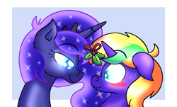 Size: 4385x2650 | Tagged: safe, artist:iceflower99, princess luna, oc, oc:buggy brush, g4, blushing, canon x oc, floppy ears, holly, holly mistaken for mistletoe, looking at each other, looking at someone, shipping, sweat, video at source, video in description