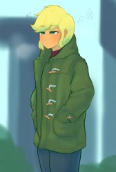 Size: 2048x3056 | Tagged: safe, artist:noupu, applejack, equestria girls, g4, clothes, eyebrows, eyebrows visible through hair, female, hand in pocket, high res, jacket, lidded eyes, solo