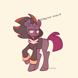 Size: 768x768 | Tagged: safe, artist:sockiepuppetry, fizzlepop berrytwist, tempest shadow, pony, unicorn, g4, :<, broken horn, clothes, cosplay, costume, crossover, descriptive noise, eye scar, female, frown, glare, hoodie, horn, male, mare, raised hoof, scar, shadow the hedgehog, solo, sonic the hedgehog, sonic the hedgehog (series)