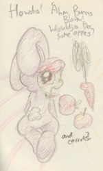 Size: 608x1014 | Tagged: safe, artist:slightlyshade, apple bloom, earth pony, pony, g4, animal costume, apple, bunny costume, carrot, clothes, costume, female, filly, food, looking at you, looking back, looking back at you, text