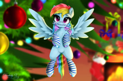 Size: 2609x1726 | Tagged: safe, artist:darksly, part of a set, rainbow dash, pegasus, pony, g4, blushing, candy, candy cane, christmas, christmas tree, clothes, cute, dashabetes, female, food, holiday, looking at you, mare, micro, mouth hold, smiling, smiling at you, socks, solo, spread wings, striped socks, tree, unshorn fetlocks, wings