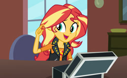 Size: 1024x630 | Tagged: safe, artist:emeraldblast63, sunset shimmer, comic:the tale of two sunsets, equestria girls, g4, box, female, geode of empathy, magical geodes, open mouth, open smile, smiling, solo, story in the source