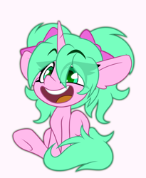 Size: 1322x1611 | Tagged: safe, artist:nekro-led, oc, oc:magicalmysticva, oc:mystic moonlight, pony, unicorn, big smile, bow, chibi, commission, cute, green eyes, open mouth, pink coat, solo, teal mane, ych result
