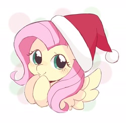 Size: 1934x1897 | Tagged: safe, artist:ginmaruxx, fluttershy, pegasus, pony, g4, blushing, bust, chibi, christmas, cute, female, hat, holiday, looking at you, mare, santa hat, shyabetes, simple background, smiling, smiling at you, solo, spread wings, white background, wings