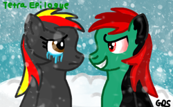 Size: 400x247 | Tagged: safe, artist:mudkip91/tetrahedron, oc, oc:red_arrow22, oc:tetrahedron, pegasus, pony, corrupted, depressing, duo, face to face, good vs evil, mountain, sad, snow, snowfall, sonic epilogue, tears of sadness, this will end in death, this will end in tears
