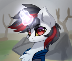 Size: 2689x2257 | Tagged: safe, artist:jfrxd, oc, oc only, oc:blackjack, pony, unicorn, fallout equestria, fallout equestria: project horizons, bust, chest fluff, commission, eye clipping through hair, eyebrows, eyebrows visible through hair, female, frown, glowing, glowing horn, headshot commission, high res, horn, looking at you, magic, magic aura, mare, portrait, solo, unicorn oc