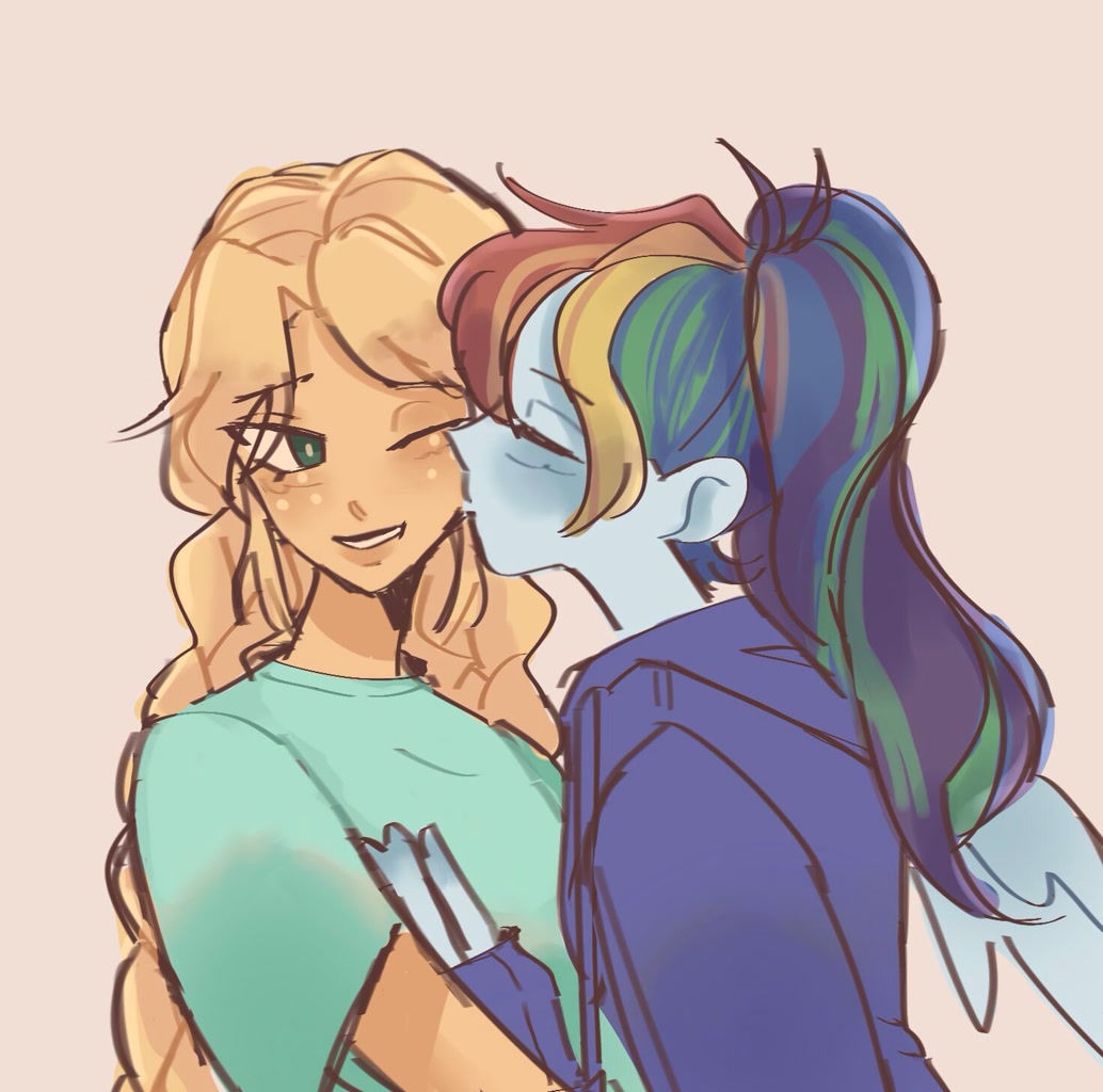 2769981 Safe Artistwarnerstan2 Applejack Rainbow Dash Human G4 Cheek Kiss Female 2057