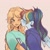 Size: 1471x1457 | Tagged: safe, artist:warnerstan2, applejack, rainbow dash, human, g4, cheek kiss, female, humanized, kissing, lesbian, ponytail, ship:appledash, shipping, simple background