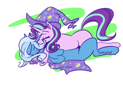 Size: 2480x1754 | Tagged: safe, artist:foxmallow, starlight glimmer, trixie, pony, unicorn, g4, accessory swap, cape, clothes, cuddling, duo, duo female, eyelashes, eyes closed, female, hat, horn, kissing, lesbian, lying down, mare, missing cutie mark, on back, ship:startrix, shipping, signature, simple background, sleeping, smiling, tail, trixie's cape, trixie's hat