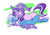 Size: 2480x1754 | Tagged: safe, artist:foxmallow, starlight glimmer, trixie, pony, unicorn, g4, accessory swap, cape, clothes, cuddling, duo, duo female, eyelashes, eyes closed, female, hat, horn, kissing, lesbian, lying down, mare, missing cutie mark, on back, ship:startrix, shipping, signature, simple background, sleeping, smiling, tail, trixie's cape, trixie's hat