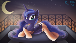 Size: 4604x2590 | Tagged: safe, artist:cosmikvek, princess luna, alicorn, pony, g4, balcony, belly button, clothes, dusk, female, looking at you, lying down, mare, moon, prone, smiling, smiling at you, socks, solo, stars, stockings, thigh highs