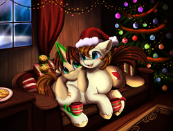 Size: 3509x2650 | Tagged: safe, artist:pridark, oc, oc only, earth pony, pony, unicorn, christmas, christmas tree, cookie, couch, cuddling, food, hat, high res, holiday, muffin, mug, santa hat, tree, window
