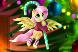 Size: 2625x1750 | Tagged: safe, artist:darksly, part of a set, fluttershy, pegasus, pony, g4, candy, candy cane, christmas, christmas tree, clothes, cute, female, food, holiday, mare, micro, shyabetes, socks, solo, striped socks, sweater, sweatershy, tree, unshorn fetlocks