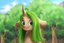 Size: 1500x1000 | Tagged: safe, artist:mayslost, oc, oc only, pony, unicorn, floppy ears, forest, green eyes, looking at you, messy mane, reflection, smiling, solo