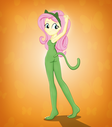 Size: 2260x2568 | Tagged: safe, artist:invisibleink, fluttershy, equestria girls, g4, 2019, animal costume, ass, butt, cat costume, cat ears, cat tail, catsuit, clothes, costume, female, flutterbutt, high res, looking back, rear view, smiling, solo, tail