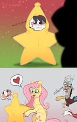 Size: 2500x3931 | Tagged: source needed, safe, artist:zoodle, discord, fluttershy, oc, draconequus, pegasus, pony, g4, christmas, comic, crying, draconequus oc, female, high res, holiday, laughing, male, mare, pointing, trio