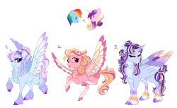 Size: 4600x2822 | Tagged: safe, artist:gigason, princess cadance, rainbow dash, oc, oc:cupid arrow, oc:rainy parade, oc:sweet nothings, alicorn, pegasus, pony, g4, cadash, colored wings, female, infidelity, lesbian, mare, multicolored wings, parents:cadash, shipping, simple background, transparent background, wings