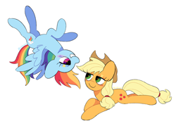 Size: 1400x1000 | Tagged: safe, artist:risswm, applejack, rainbow dash, earth pony, pegasus, pony, g4, bedroom eyes, female, lesbian, looking at each other, looking at someone, lying down, mare, prone, ship:appledash, shipping, simple background, upside down, white background