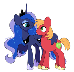 Size: 3058x3000 | Tagged: safe, artist:risswm, big macintosh, princess luna, alicorn, earth pony, pony, g4, female, frown, high res, looking at each other, looking at someone, male, mare, ship:lunamac, shipping, simple background, smiling, stallion, straight, white background