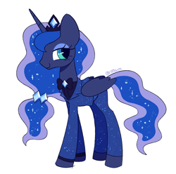 Size: 1007x1000 | Tagged: safe, artist:risswm, princess luna, alicorn, pony, g4, alternate hairstyle, bowtie, clothes, crown, female, jewelry, lidded eyes, mare, regalia, simple background, smiling, solo, suit, tiara, white background