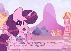 Size: 1393x1000 | Tagged: safe, artist:risswm, sugar belle, pony, unicorn, g4, blushing, dialogue box, female, heart eyes, mare, open mouth, open smile, ponyville, smiling, solo, wingding eyes