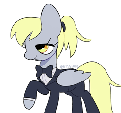 Size: 1859x1732 | Tagged: safe, artist:risswm, derpy hooves, pegasus, pony, g4, alternate hairstyle, bowtie, clothes, female, lidded eyes, mare, ponytail, solo, suit