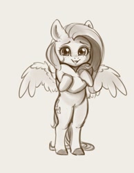 Size: 2555x3295 | Tagged: safe, artist:miokomata, fluttershy, pegasus, semi-anthro, g4, arm hooves, cute, female, freckles, freckleshy, heart, heart pillow, high res, looking at you, mare, monochrome, pillow, shyabetes, simple background, smiling, smiling at you, solo, white background