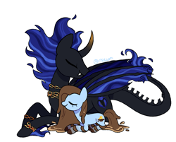 Size: 1243x1000 | Tagged: safe, artist:risswm, oc, oc only, dracony, dragon, earth pony, hybrid, pony, chains, eyes closed, fangs, lying down, prone, simple background, size difference, white background